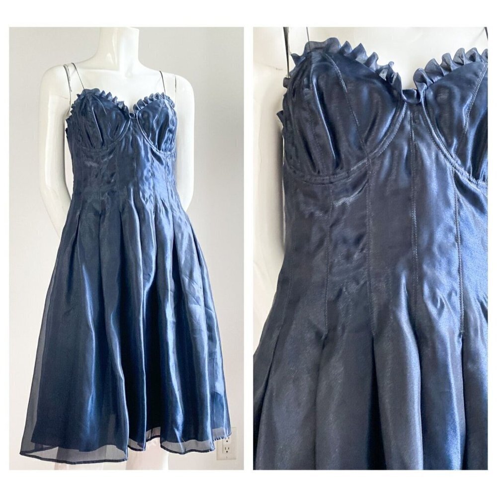 Vintage Mondi Gala Silk Blend Navy Blue Bustier Detail Evening Cocktail Dress 38